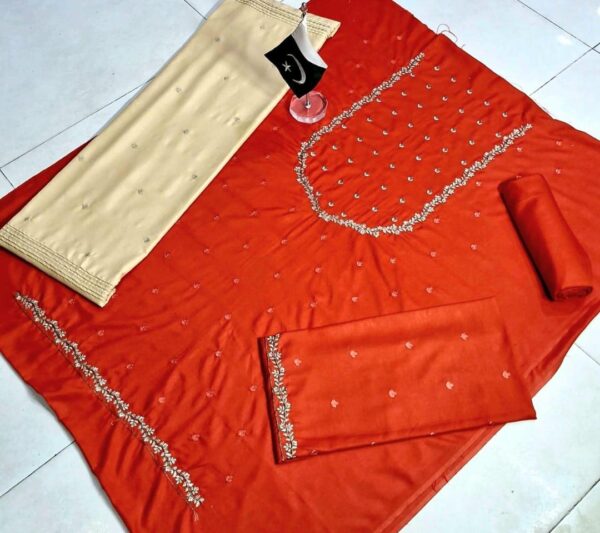 Fabric Darakan Orange Unstitched Embroidered Suit - Image 4