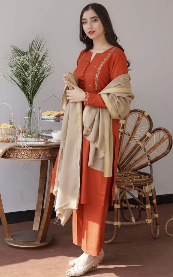 Fabric Darakan Orange Unstitched Embroidered Suit - Image 6