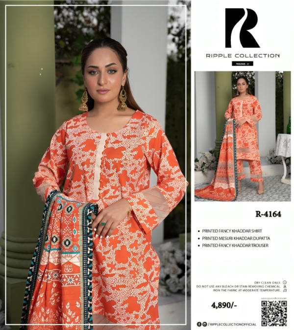 Women Khaddar Printed Orange Suit 3 Pieces