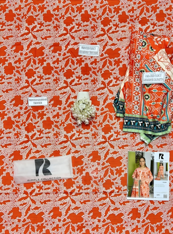 Women Khaddar Printed Orange Suit 3 Pieces - Image 3